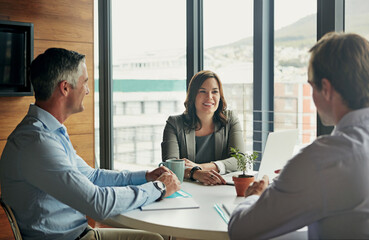 Meeting, discussion and planning of business people in office teamwork, management ideas and professional brainstorming. Happy woman with employees or clients talking, speaking or advice for project