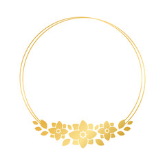 Round gold floral frame template. Luxury golden frame border for invite, wedding, certificate. Vector art with flowers and leaves.
