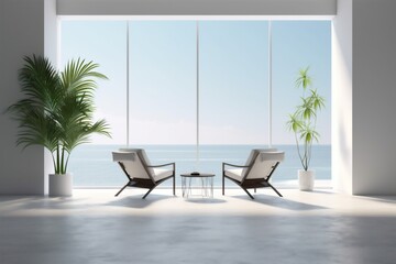 interior plant window home chair 3d indoor design empty wall floor. Generative AI.