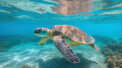 Giant turtle in the ocean. The Maldives island. Generative AI