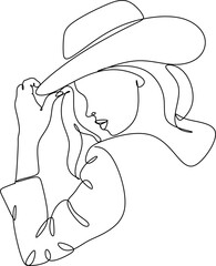 Woman in hat vector one line art. Line illustration. Minimalist print. Black and white. Beauty logo. portrait of young modern woman wearing hat. isolated female portrait. Line art
