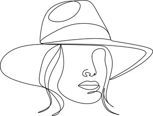 Woman in hat vector one line art. Line illustration. Minimalist print. Black and white. Beauty logo. portrait of young modern woman wearing hat. isolated female portrait. Line art
