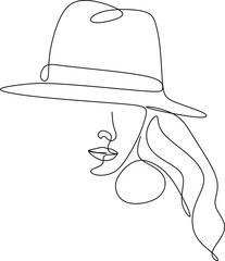 Woman in hat vector one line art. Line illustration. Minimalist print. Black and white. Beauty logo. portrait of young modern woman wearing hat. isolated female portrait. Line art
