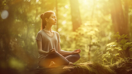 Woman meditating in the forest having spiritual awakening as illustration (Generative AI) - obrazy, fototapety, plakaty
