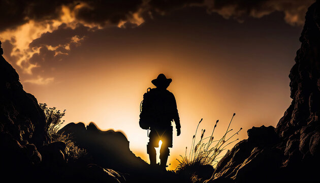 Unknown cowboy as sillhouette walking in wild west (Generative AI)