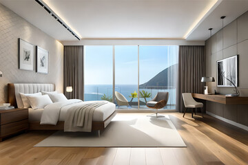 Fototapeta na wymiar Interior design of a minimalist bedroom with luxurious fabrics, light colors, and big glass windows that exudes tranquility and simplicity | Generative AI