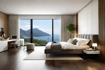 Interior design of a minimalist bedroom with luxurious fabrics, light colors, and big glass windows that exudes tranquility and simplicity | Generative AI