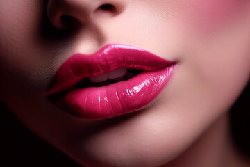 woman lips with pink lipstick and sexually open mouth close-up. Beauty concept. Generative AI illustration