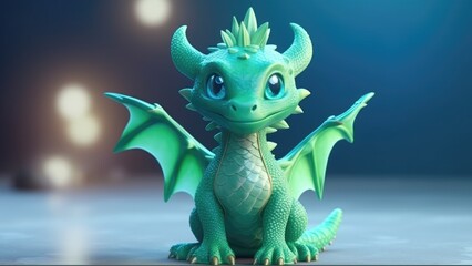 Obraz premium Green baby dragon in cartoon style. Generative AI