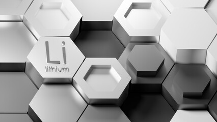 3D rendering of hexagonal crystal lattice of Lithium metal. Industrial honeycomb metallic material production background. Realistic grey metal illustration background