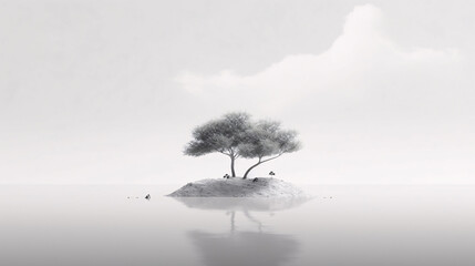 Two lonely trees on a deserted island in the midst of a misty lake