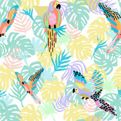pattern of a tropical artwork, with multicolored hand drawn elements, wallpaper of tropical dark green leaves of palm trees and flowers bird of paradise