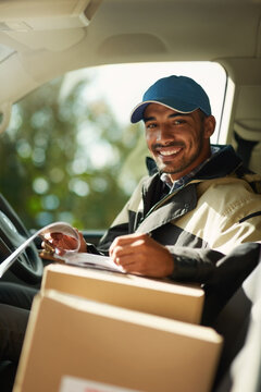 Writing, delivery and checklist with portrait of man in van for courier, logistics and shipping. Ecommerce, export and distribution with male postman in vehicle for mail, package and cargo shipment