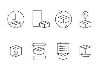 Box delivery, transport logistic, icon line. Shipment service parcel and gift. Cargo transportation, fast express delivery, on date, door to door. Vector © Iuliia