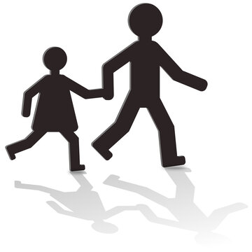 Silhouette of an adult leading a child on foot with a shadow on the ground on a white background
