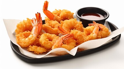 Fried shrimp on a platter with hot sauce on white background. Generative AI. - obrazy, fototapety, plakaty
