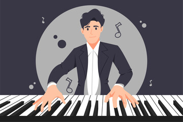 Man playing grand piano. Keyboardist character play music. Male musician with keyboard musical instrument. Live music concert