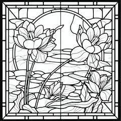 Contour vector illustrations of stained glass windows with lotuses and butterflies