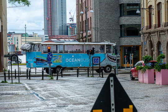 Gothenburg, Sweden - July 04 2022: OceanBus amphibic sightseeing bus on land.