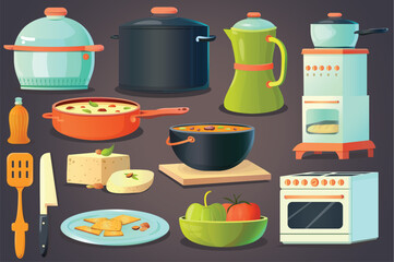 Set of kitchen utensils. Illustration of different kitchen appliances in flat cartoon design on a dark background. Vector illustration.