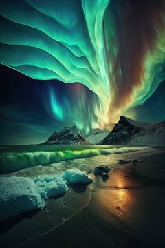 Beautiful magical Aurora borealis on night sky. Generative Ai