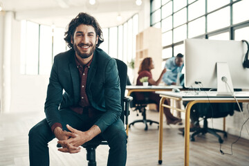 Portrait, creative agency and smile, man in chair at office, new ideas for business and entrepreneur in tech design. Happy boss with creativity, idea and happiness, businessman with plan in workspace - obrazy, fototapety, plakaty