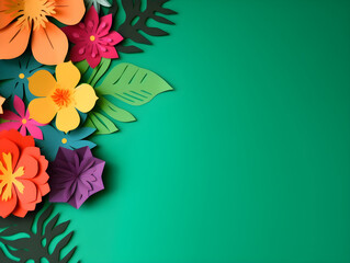Top view of colorful paper cut flowers with green leaves on blue background with copy space. Generative AI Image.
