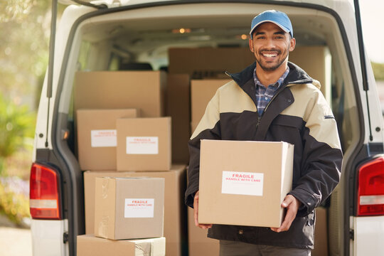 Shipping, delivery and box with portrait of man by van for courier, logistics and supplier. Ecommerce, export and distribution with male postman in vehicle for mail, package and cargo shipment