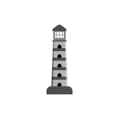 Lighthouse, tower for signal beacon. Building on sea coast landscape. Element in simple flat style. Sign of lighthouse for safety and tourism. Vector