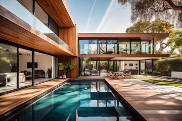 Luxurious Escape: Partial Interior View of a Contemporary Home with a Captivating Pool - Generative Ai