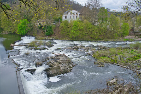Siegfall, waterfall near Schladern on the river Sieg in the North Rhine-Westphalian municipality of Windeck. Germany