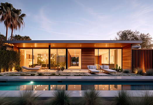 Elegant Beauty: Partial Interior View of a Contemporary Home with a Central Pool - Generative Ai