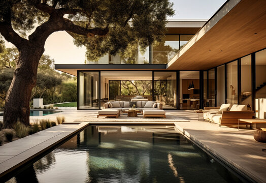 Serene Sanctuary: Partial Interior View of a Contemporary Home with a Central Pool - Generative Ai
