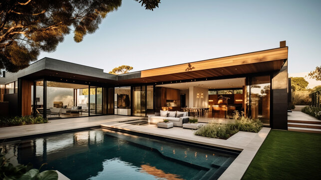 Sophisticated Serenity: Partial Interior View of a Modern Home with a Tranquil Pool - Generative Ai