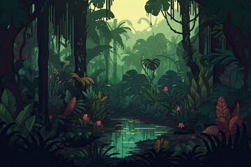 Abstract illustration of tropical jungle, forest with lake. Generative AI