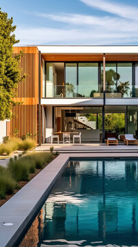 Elegant Contemporary Home with an Impressive Pool View - Generative Ai