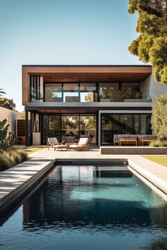 Elegantly Designed House with Enormous Pool as Focal Point - Generative Ai