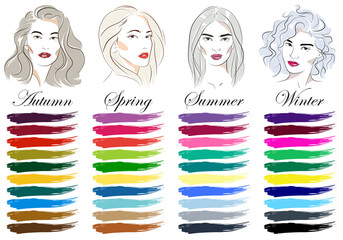 Stock vector seasonal color analysis palettes for all types of female appearance. Color guide with best colors for winter, summer, spring and autumn. Vector hand drawn young women with gray hair