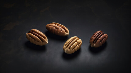Dry organic Pecan Nuts top view on dark background. Healthy nuts. Generative AI