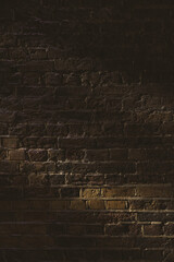Building exterior, roughly textured brown brick wall  in shade background