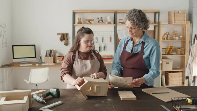 Girl with Down syndrome in apron and protective eyewear polishing wooden birdhouse with sandpaper under control of mid-aged female teacher during woodworking workshop