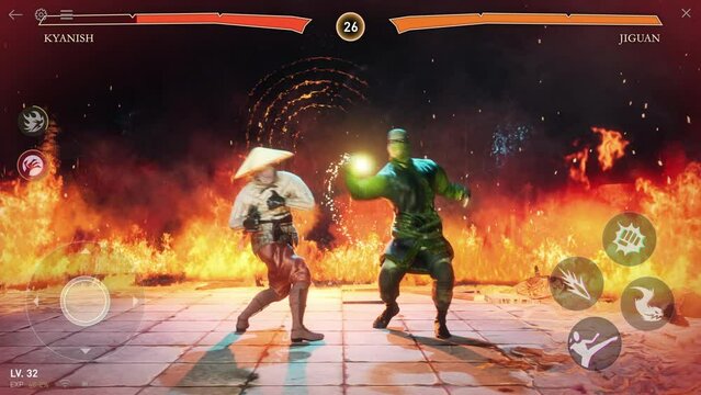 Playing the martial arts fighting simulator on the mobile phone application. Playing the fighting melee combat battle application. Playing application fighting game versus online opponent. Loss.