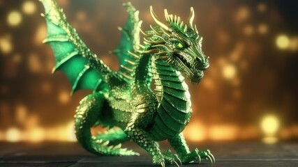 Fototapeta premium Glittering green dragon, figurine or memento against a backdrop of glare. Generative AI