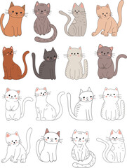 set of cats sitting in doodle style isolated vector