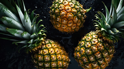 Fresh ripe pineapple with water drops background. Fruits backdrop. Generative AI