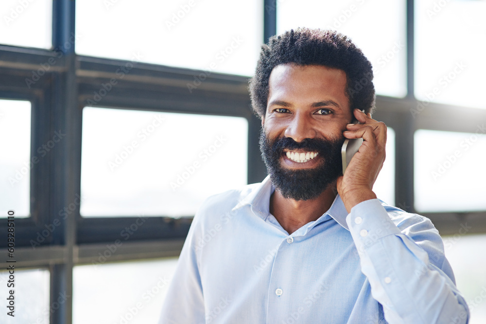 Wall mural Portrait, smile and phone call with a business man in the office closeup for communication or networking. Happy, face and mobile contact with a male employee in the workplace during his break