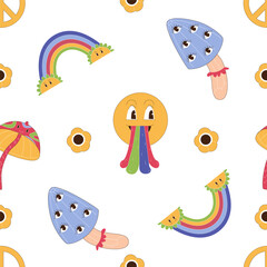 The 70s style seamless vector pattern with retro illustrations of rainbows, mushrooms with eyes, flowers.