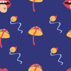 The 70s style seamless vector pattern with retro illustrations of psychedelic mushrooms and opened mouth.