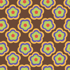 The 70s style seamless vector pattern with retro flowers on brown background.