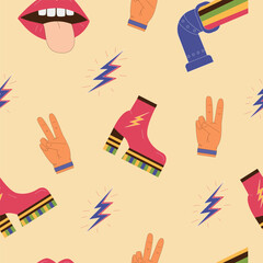 The 70s style seamless vector pattern with funky retro illustrations.